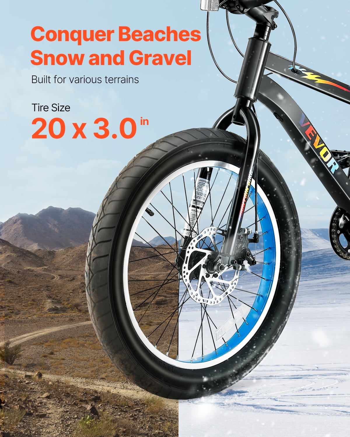 VEVOR Mountain Bike, 20 inch MTB Bicycle with 7 Speeds SHIMANO Twist Shifting, Comfort Saddle, Dual Disc Brakes, High Carbon Steel Frame, Fat Tire Sport Cycling Bicycle for Trail Snow