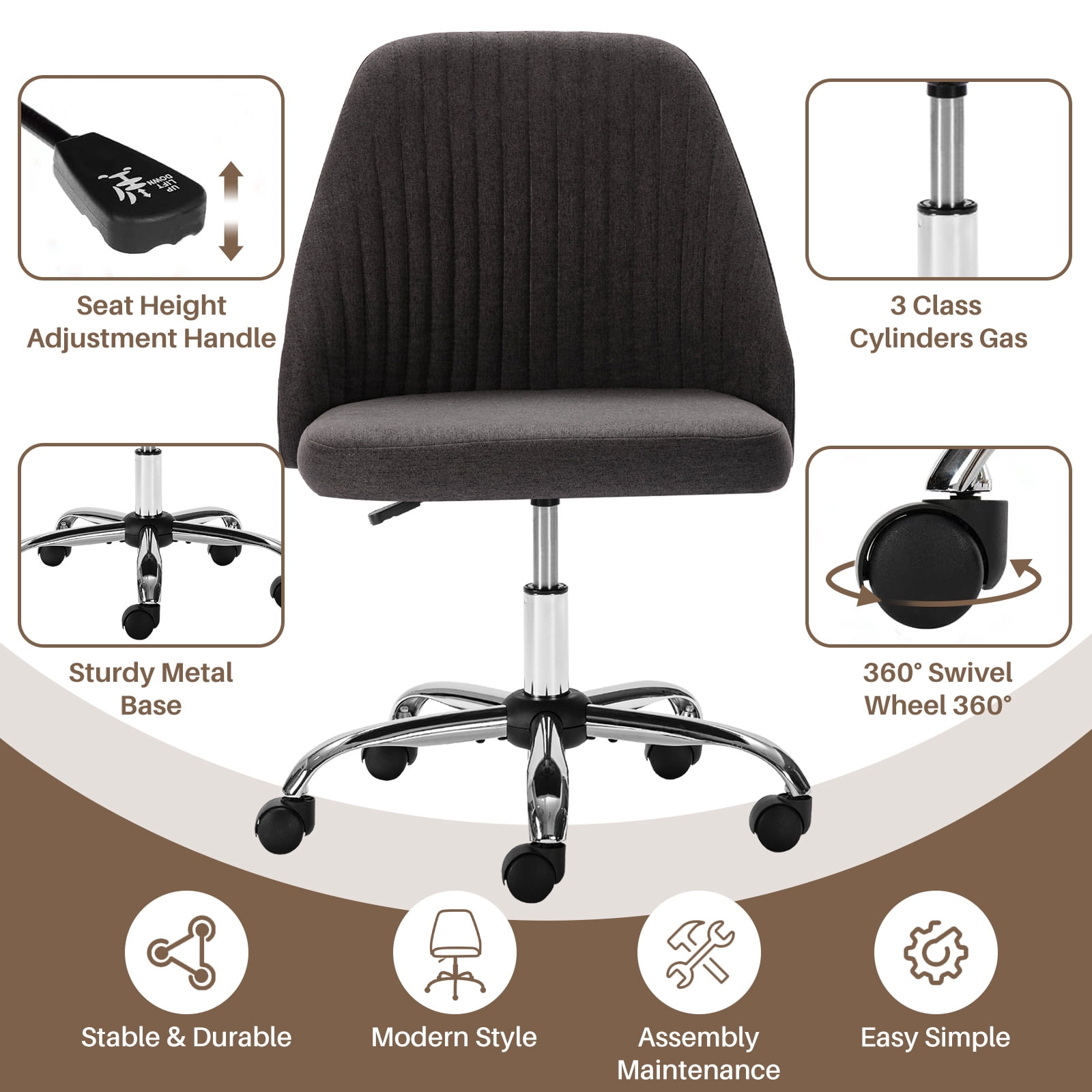 Colorful Linen Desk Chair, Comfy Thick Seat with Swivel Wheels, Armless Task Chair, Dark Gray