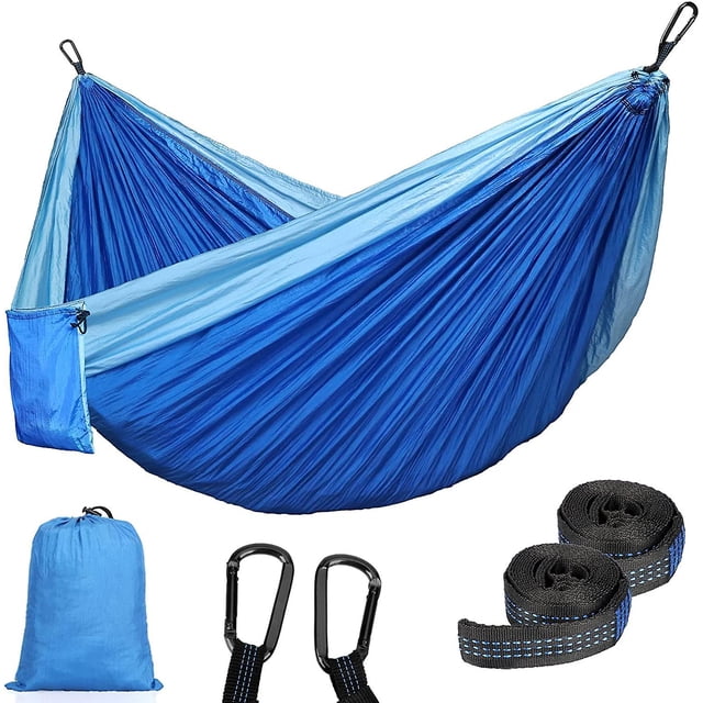 Hamaca portátil para acampar de 270 x 140 cm con correas para árboles de 10 pies y mosquetones pesados, hamacas de paracaídas de nailon liviano, accesorios para acampar en el patio trasero JAMW Sencillez