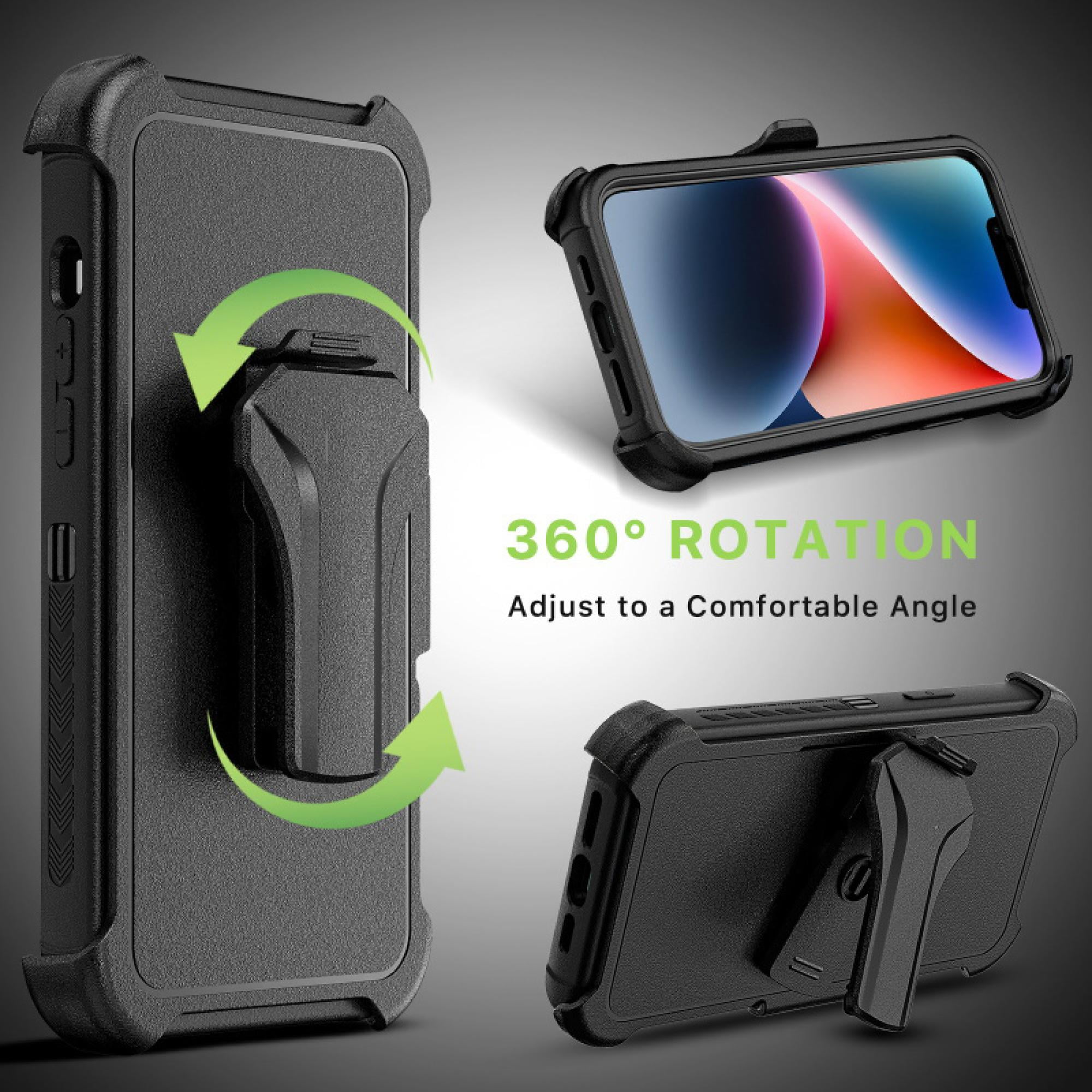 Magnetic Charging-Compatible Rugged Case with Holster & Tempered Glass Screen Protector compatiable with iPhone 16E iPhone 14 iPhone 13