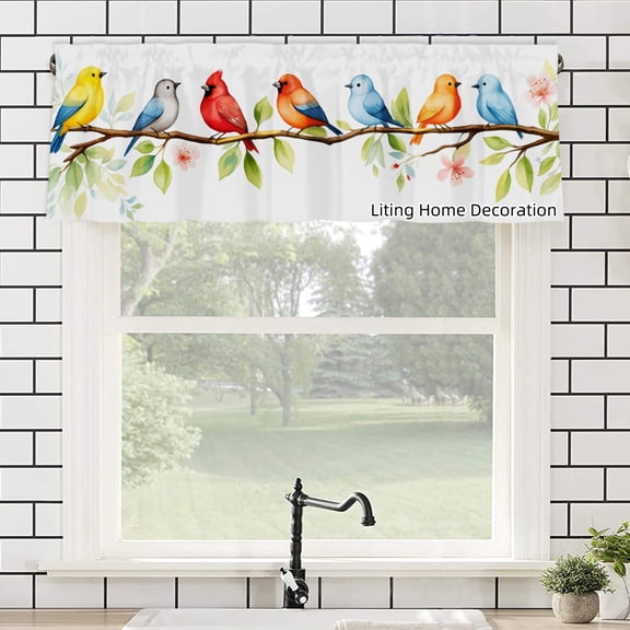 Birds On Branch Rod Pocket Polyester kitchen Curtain Valances for Windows For Indoor Living Room Bedroom Kitchen Decoration 54x18 inch