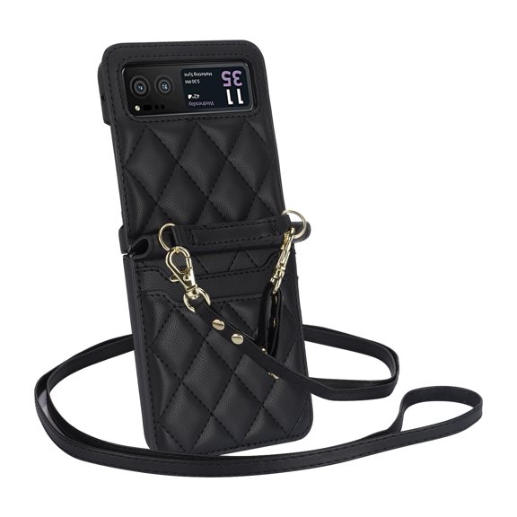 TECH CIRCLE for Motorola Razr 40 / Moto Razr 2023 Wallet Case, PU Leather Protective Cover Card Slot Shoulder Wristlet Strap Hinge Protection Carrying Handbag Case for Women Ladies,Black