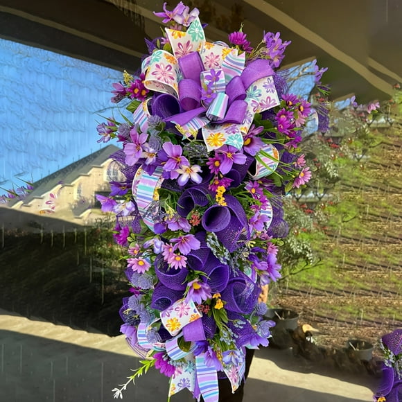 Yhmxh Wreaths for Front Door,Flower Garland,Welcome Sign for Front Door Spring Flower Wreath Hanging Small Bow Flower Wreath Hanging Decoration In Front Of The Door Holiday Decoration Props A Wreath