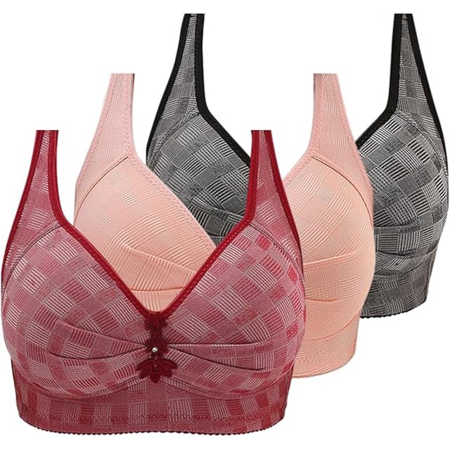 Womens 3 Pack Everyday Bras No Underwire Push up Comfy Bra Plaid Full Coverage Plus Size Sleep Bra