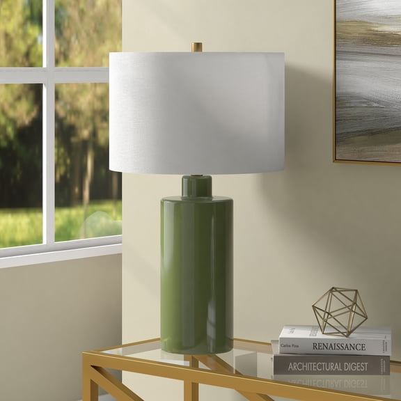 Selina 25" Tall Ceramic Table Lamp with Fabric Shade in Tarragon Green/White