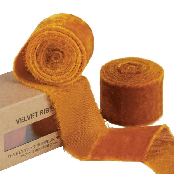 NookHive Velvet Ribbon Vintage Craft Supply, 3 Pcs Hand Torn Edge for Christmas Tree Wreath Jewelry Gift Packaging,Saffron
