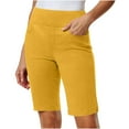 thumbnail image 2 of Elastic Waist Shorts Lady Women's Bermuda Shorts, Mid Waisted 10" Knee Length Pants with Pockets Stretchy Chino Shorts Yellow M, 2 of 9