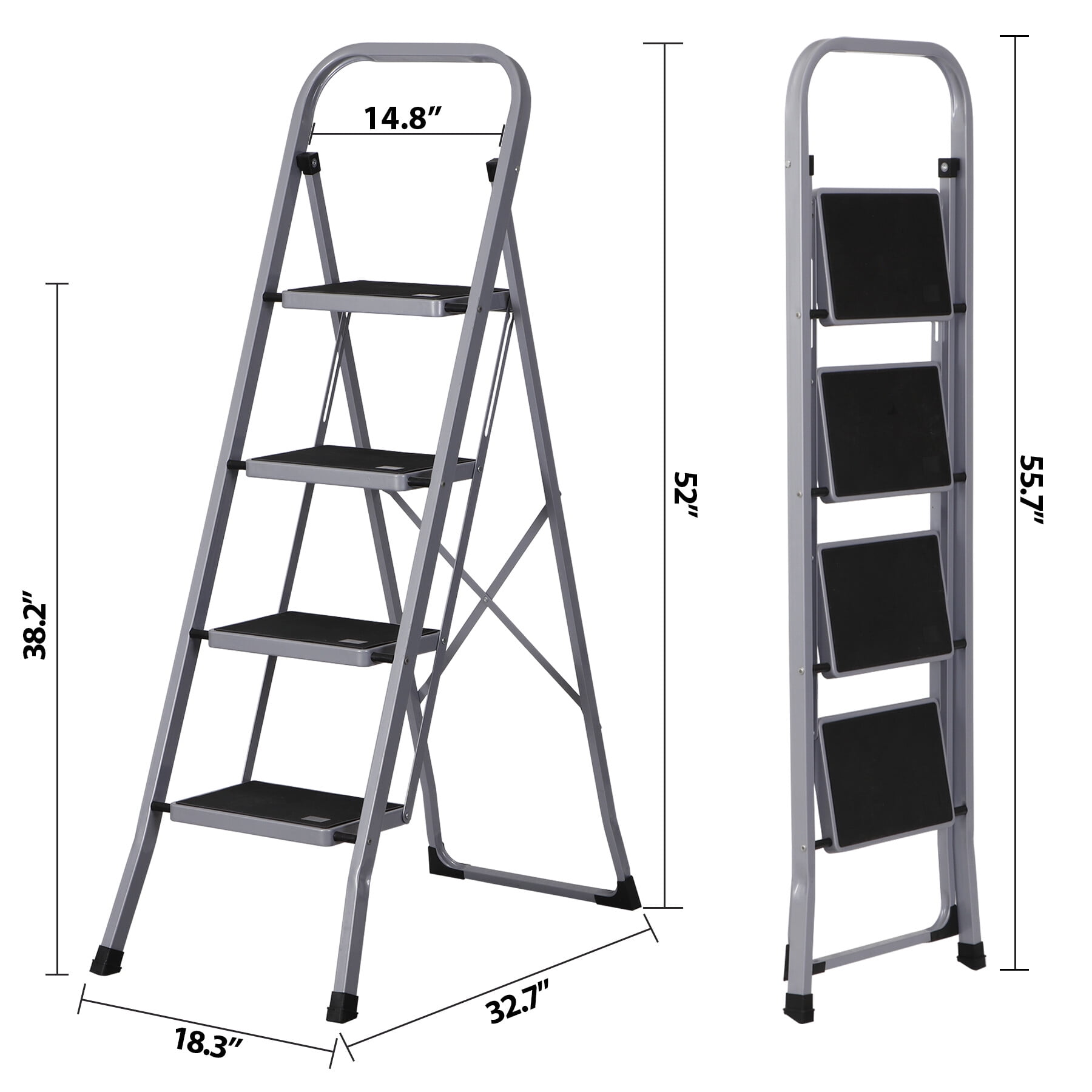 ZENSTYLE 4 Step Ladder Portable Steel Step Stool Non-Slip Rubber 330lb Capacity Grey