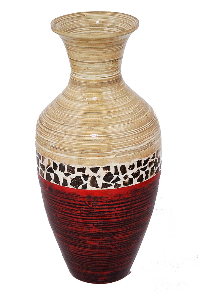25" Spun Bamboo Floor Vase Bamboo In Natural Bamboo And Metallic Red