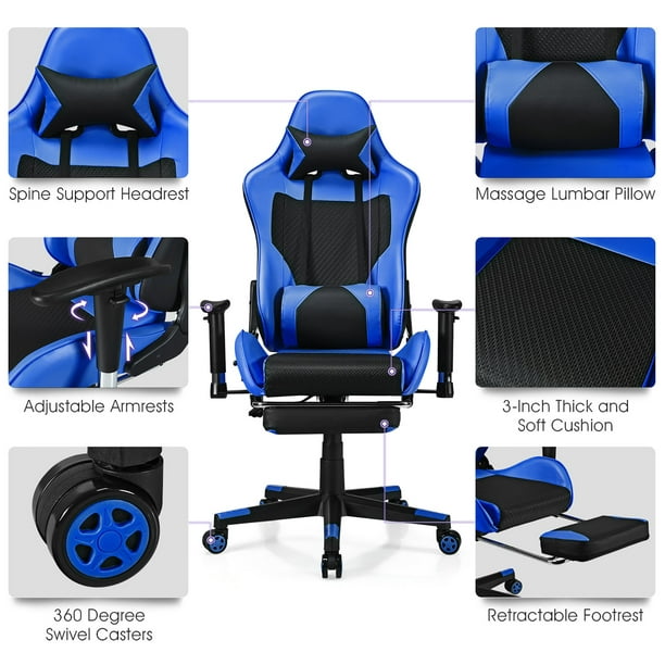 Costway Chaise de Massage Gaming Réglable avec Repose-Pieds, Coloris Bleu