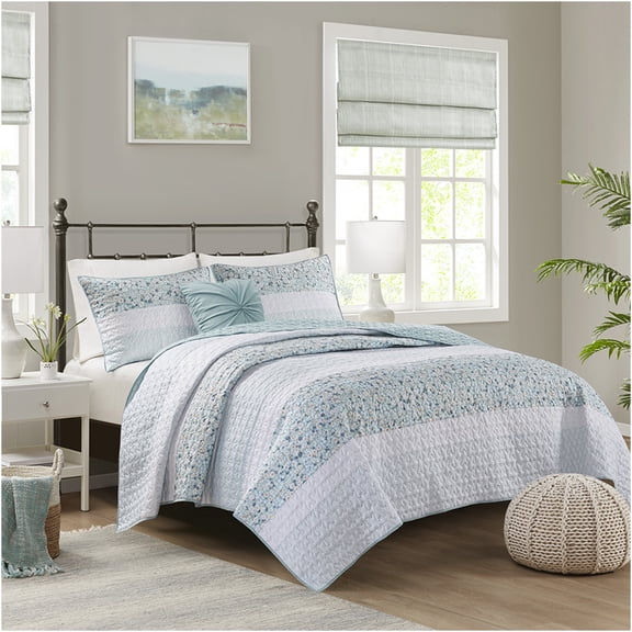 JERFIT Aqua Floral Seersucker Quilt Set Full Queen 4pc with Sham & Decorative Pillow, Farmhouse Bedding