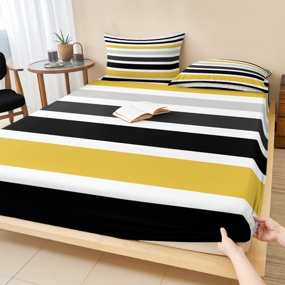 King Size Fitted Sheet Set - Yellow Black Stripe 3 Piece Bedding Sets 16" Deep Pocket Fitted Sheet with 2 Pillowcases, Modern Abstract Art Coarse Striped Brushed Microfiber Hotel Luxury Bed Sheets