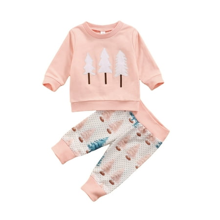 

Newborn Infant Toddler Baby Girl Outfit Christmas Tree Print Long Sleeve Sweatshirt Pants Sets