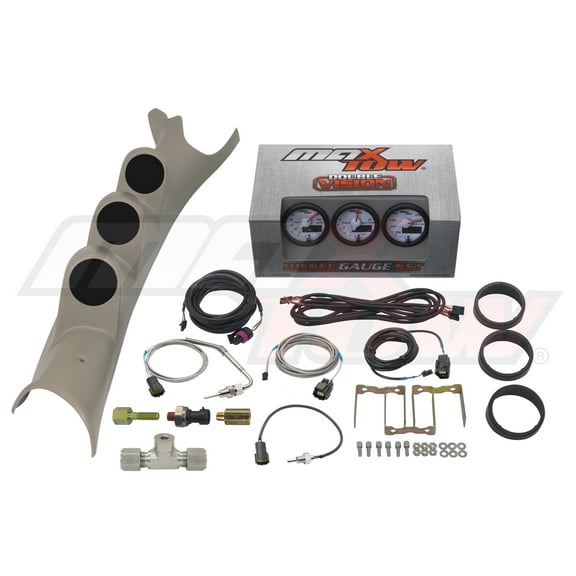 MaxTow | 2003-2009 3rd Gen Dodge Ram 24 Valve 5.9 Cummins Taupe Triple Gauge Pillar Pod with White & Green Double Vision Series 60 PSI Boost Gauge, 1500 F EGT Pyrometer & Trans Temp Gauge