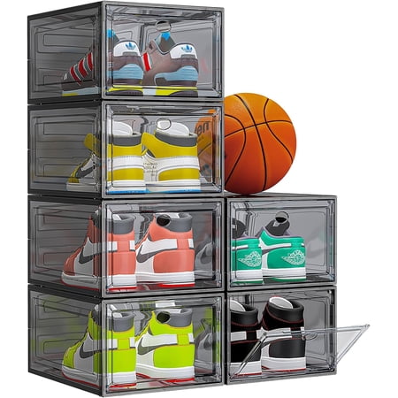 Thicken & Sturdy Clear Shoe Storage Box with Magnetic Door, Stackable Shoe Storage Organizer for Closet, Foldable Shoe Rack for Sneakers, High Heels, Boots, Shoe Display Case, 6 Pack Black