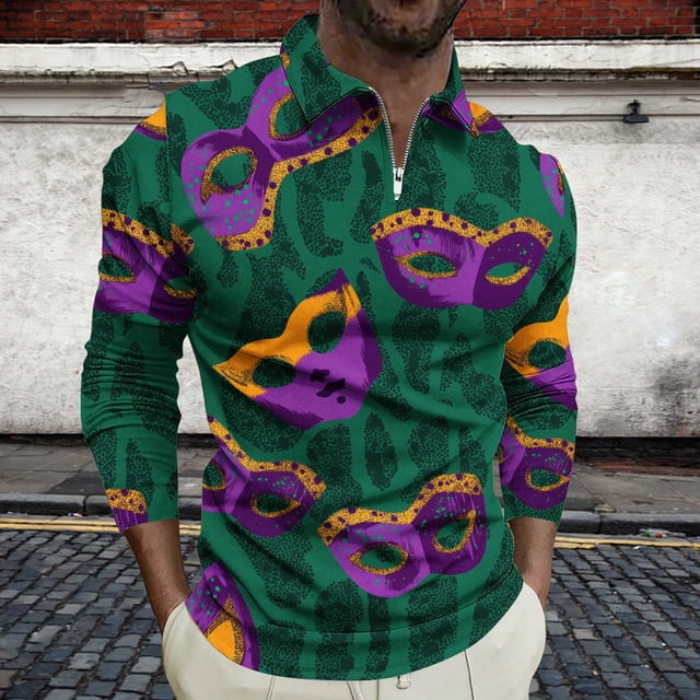 Ceisia Men's Slim-Fit Long-Sleeve Zip Polo Shirt with Mardi Gras Mask All-Over Print Gift