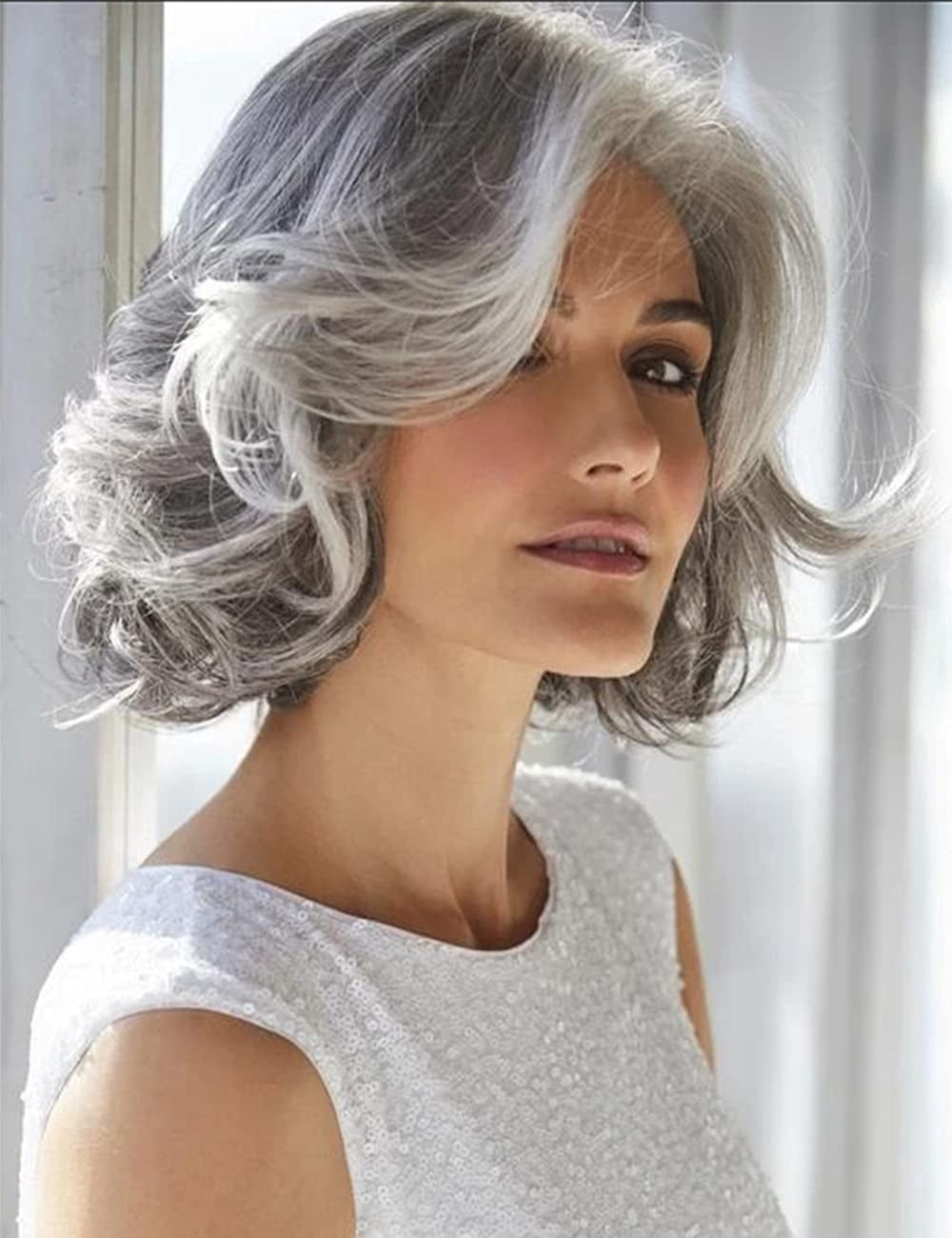 BORKE Short Grey Curly Wig Mixed Gray Wavy Wigs for Women Synthetic