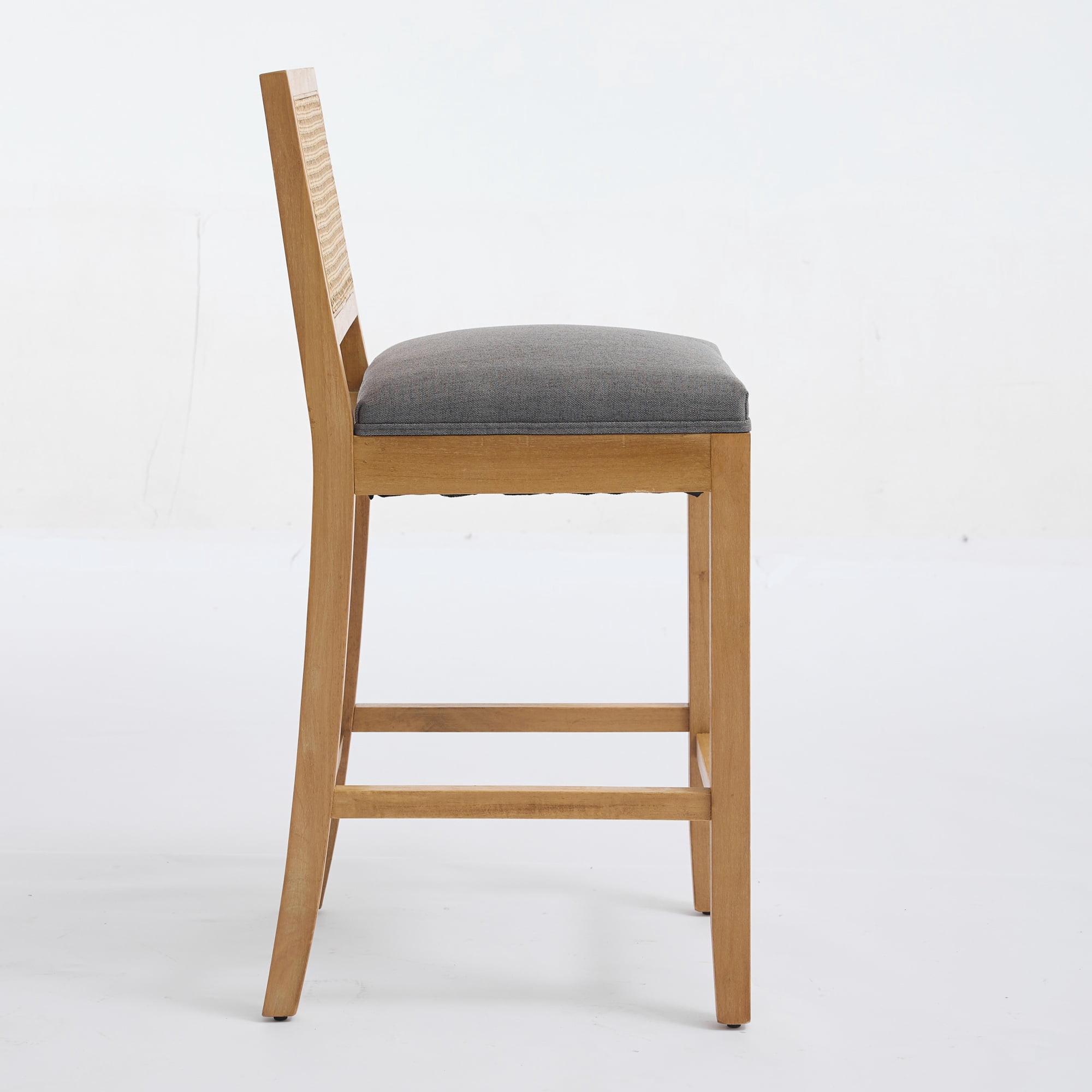 Set of 4 Solid Wood Rattan-Back Bar Stool, Matte Linen Cushion with High-Resilience Foam & S-Springs, Ideal for Rustic/Natural Style Kitchen Island, Low Bar in Dining Room & Café