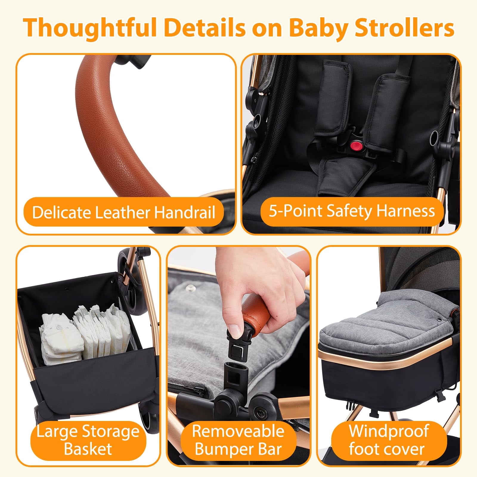 2024 New Convertible Baby Stroller, 3 in 1 Reversible Bassinet Stroller for Newborn, Toddler, High Landscape Foldable Pram with Adjustable Backrest and Canopy, Windproof Foot Cover, 5-Point Harness