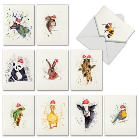 M2973XSG WILDLIFE EXPRESSIONS - HOLIDAY' 10 Assorted Merry Christmas Note Cards Featuring Watercolored Animals with Santa Hats on Splatter Backgrounds, with Envelopes by The Best Card