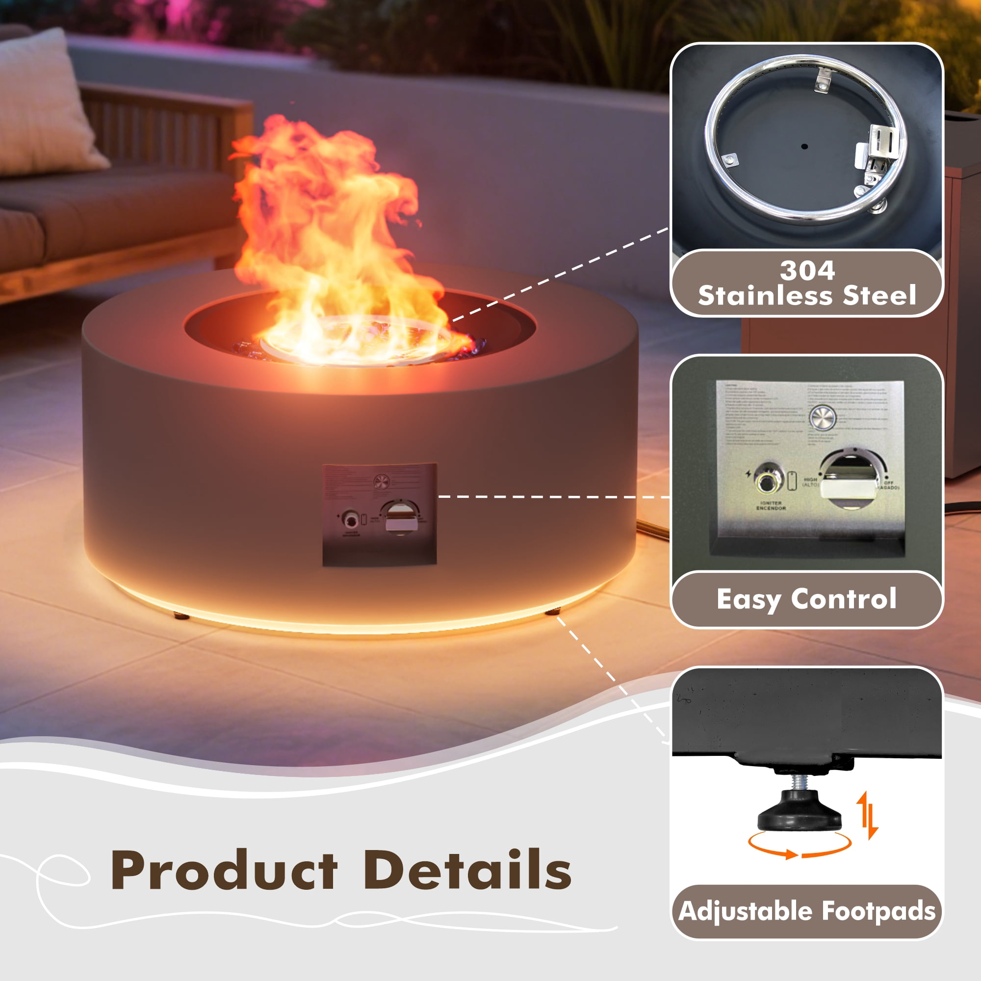 30 in. Round Propane Fire Pit Table with LED Light - 50,000 BTU Gray Outdoor Fire Pit with Tank Holder, Gas Fire Pits s for Outside (Dark Gray, Golden LED Light)