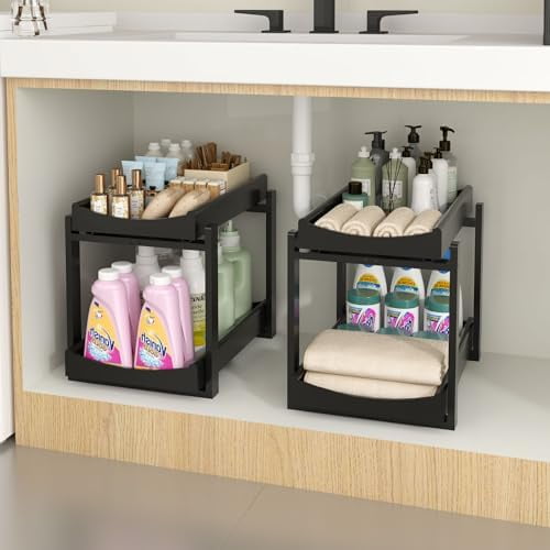 Bamboo Under Sink Organizer and Storage, 2 Pack Pull Out Cabinet Organization, 2 Tier Vertical Slide Out Undersink Storage Shelf, Multi-Purpose Organizer Shelves for Kitchen Bathroom Medicine, Black