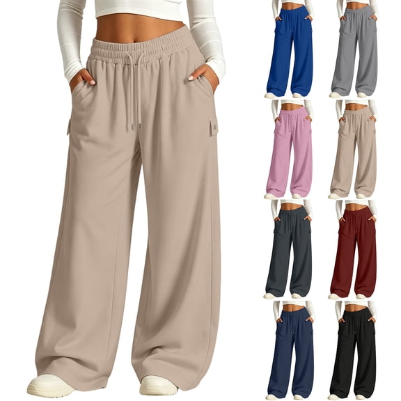 LEAVINGSUO Wide Leg Sweatpants for Women Solid Color Sweatpants With Pockets Long Pants For Home And Outdoor Sports Black S