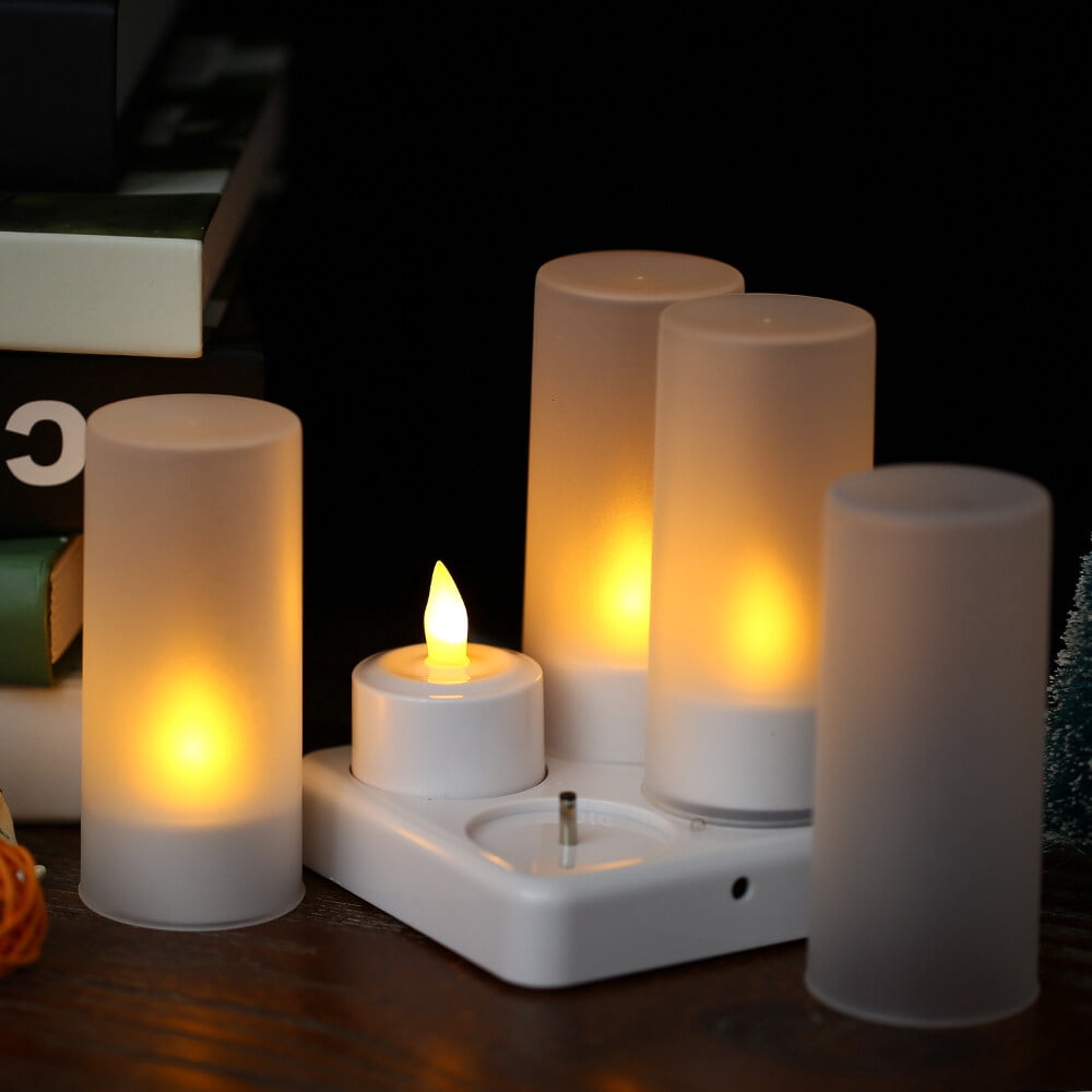 Leyfeng 4pcs/set Rechargeable LED Flickering Flameless Candles Tealight Candles Lights with Frosted Cups Charging Base Yellow Light AC100-240V