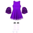 thumbnail image 3 of iiniim Kids Girls Cheer Leader Uniform Cheerleading Dress with Stockings Pom Poms Party Purple 5-6, 3 of 7