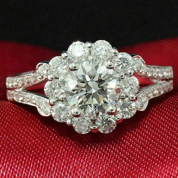 2CT Round Cut Lab Created Diamond Women's Flower Engagement Ring 14k White Gold Plated