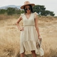 thumbnail image 5 of Summer Dresses for Women Maxi Dress V-Neck Fashion Solid Color Hollow Stitching Dress, 5 of 7