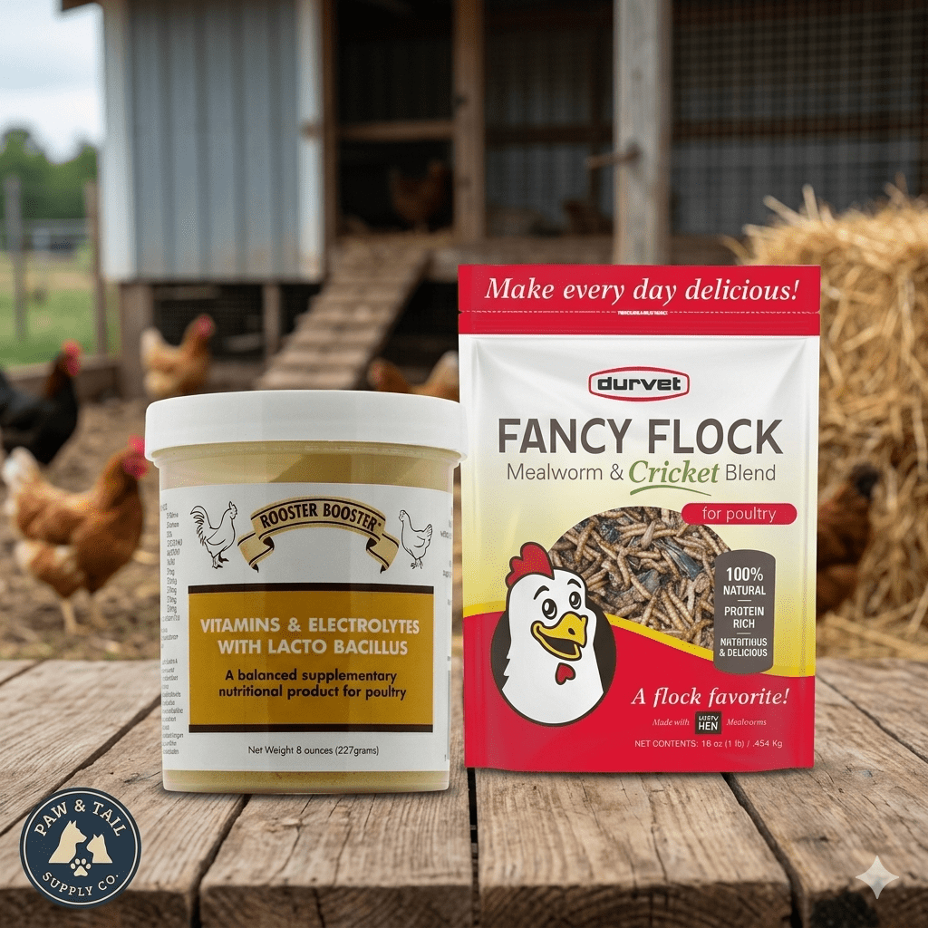 Rooster Booster Vitamins & Electrolytes + Fancy Flock Mealworm & Cricket Treats Poultry Wellness Bundle