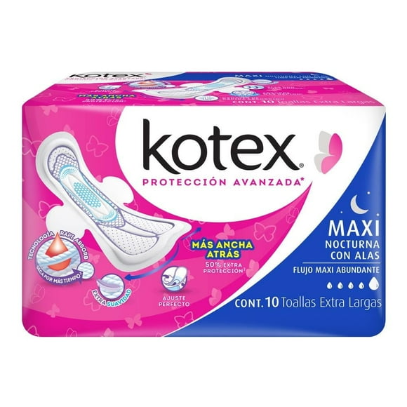 Toallas femeninas Kotex Maxi Nocturna extra larga con alas flujo maxi abundante 10 piezas