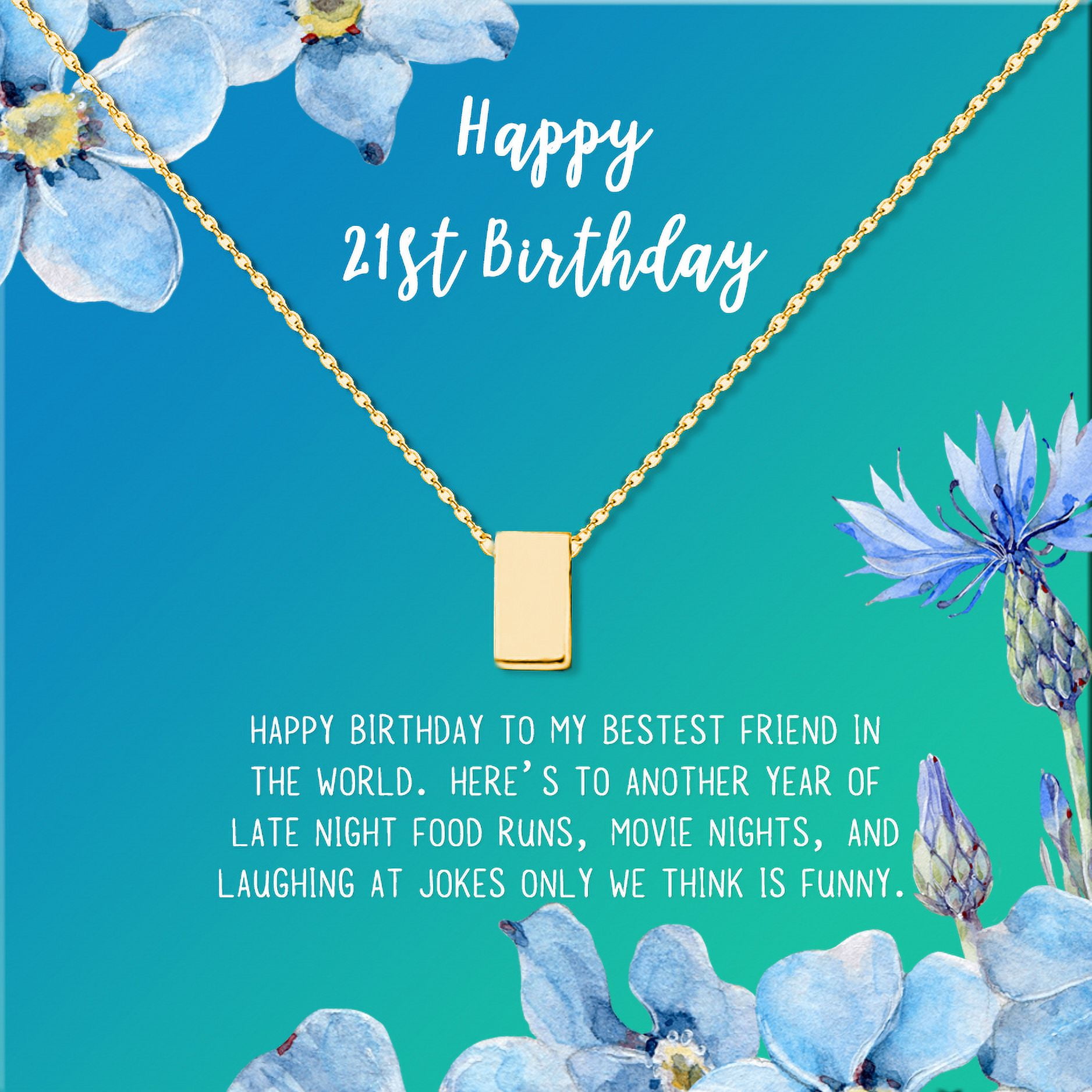 Anavia Happy 21st Birthday Gifts Stainless Steel Fashion Necklace Birthday Card Jewelry Gift for Her, Birthday Gift for Daughter-[Gold Cube, Bright Blue Gift Card]
