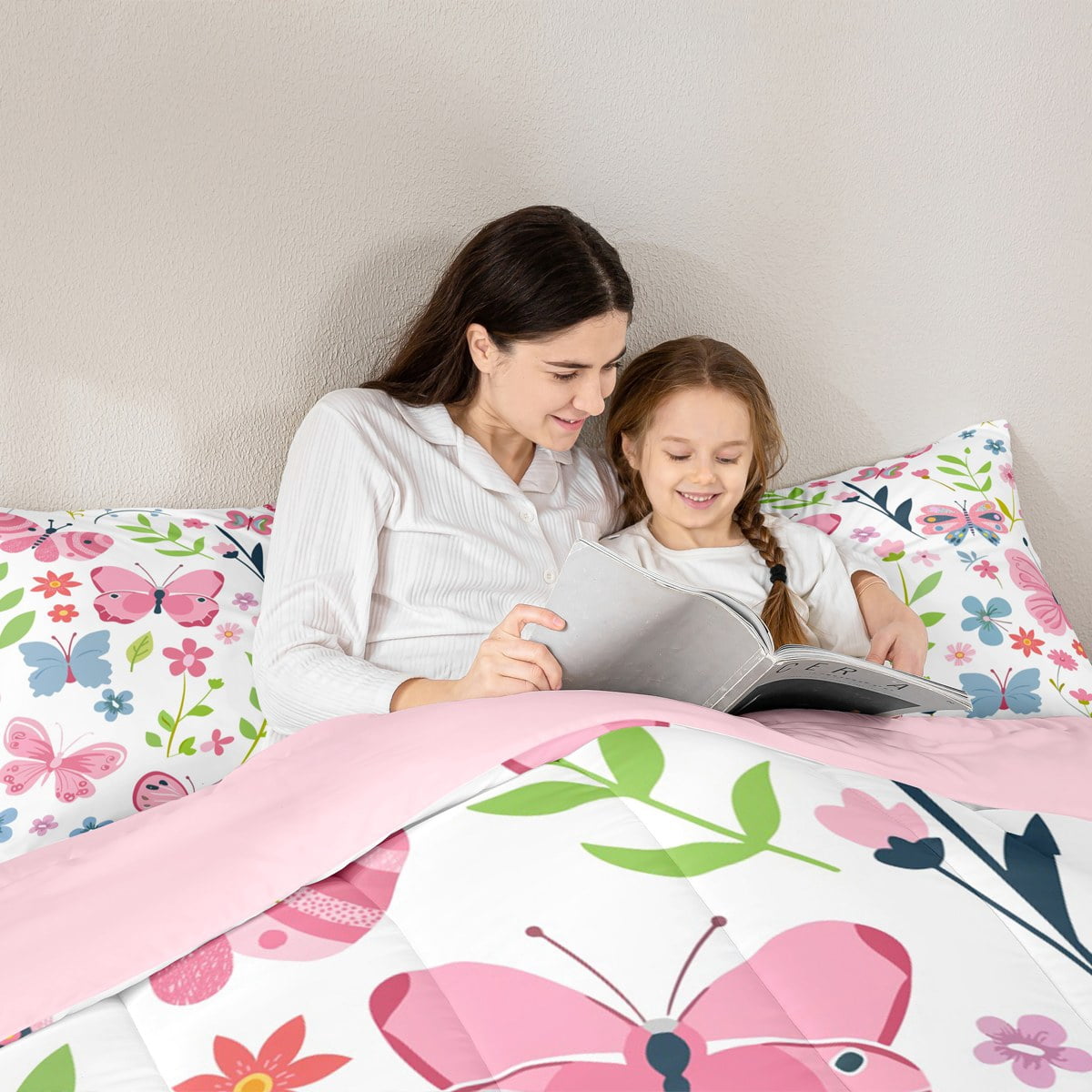 jejeloiu Colorful Cute Flower Twin Bedding Sets 7-Piece,Chic Kawaii Butterfly Bedding Comforter Set,Plant Floral Leaves Sheet Sets For Girls Kids,Microfiber Room Decoration Reversible