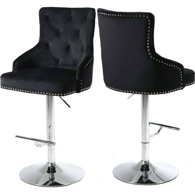 Meridian Furniture Claude Collection Tabouret de Bar / Comptoir Réglable Moderne / Contemporain Rembourré en Velours avec Base en Métal Chromé Poli, 20.5 Pouces L x 22 Pouces P x 42 Pouces-50 Pouces H, Noir