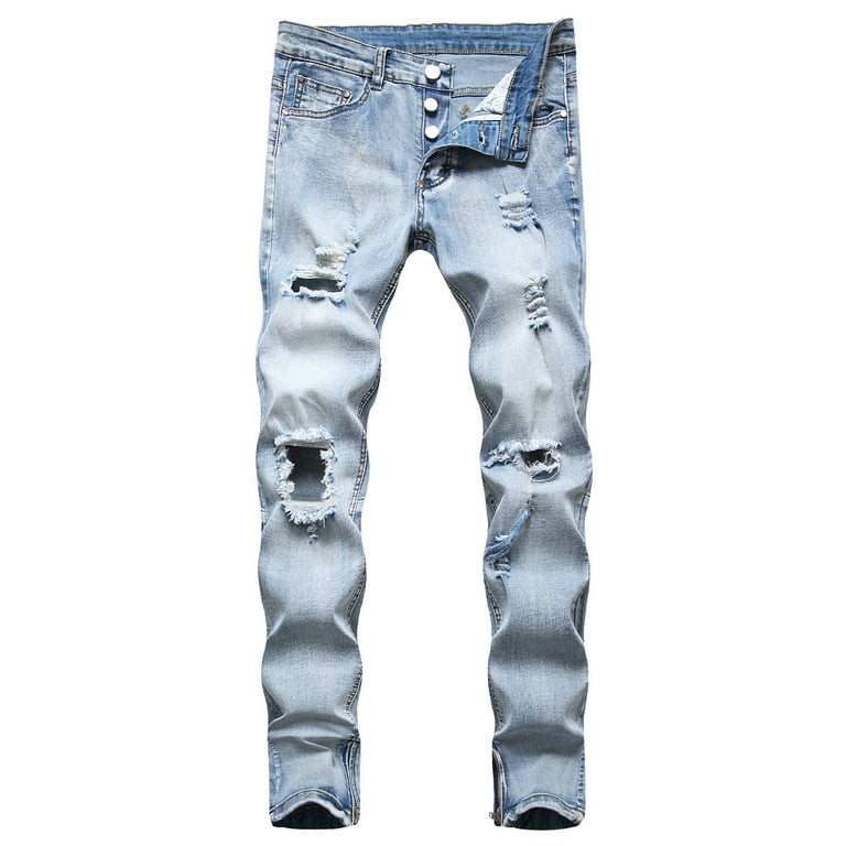 Men s Jeans Hip hop Ripped Motorcycle Denim Pant Slim Stretch Plus