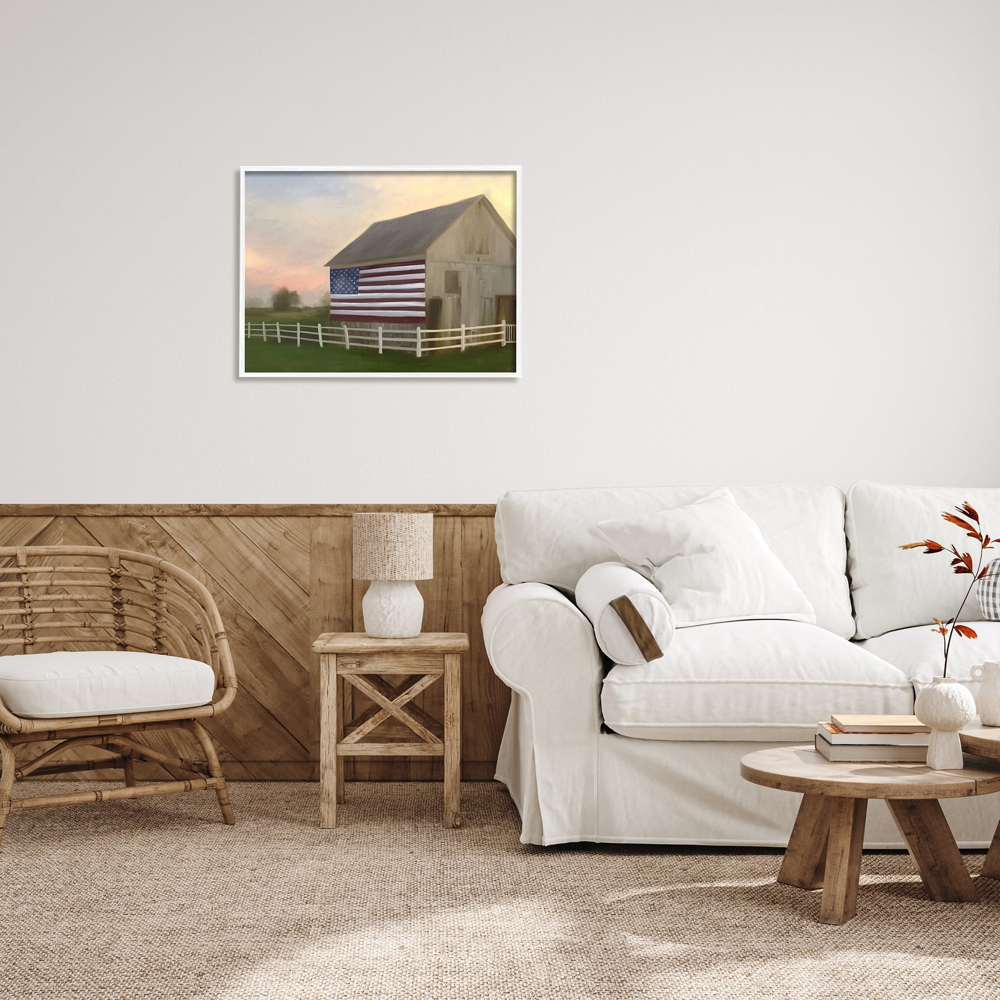 Stupell Industries American Flag Rural Barn Sunset Farm Landscape Painting White Framed Art Print Wall Art, Design by Amy Hall