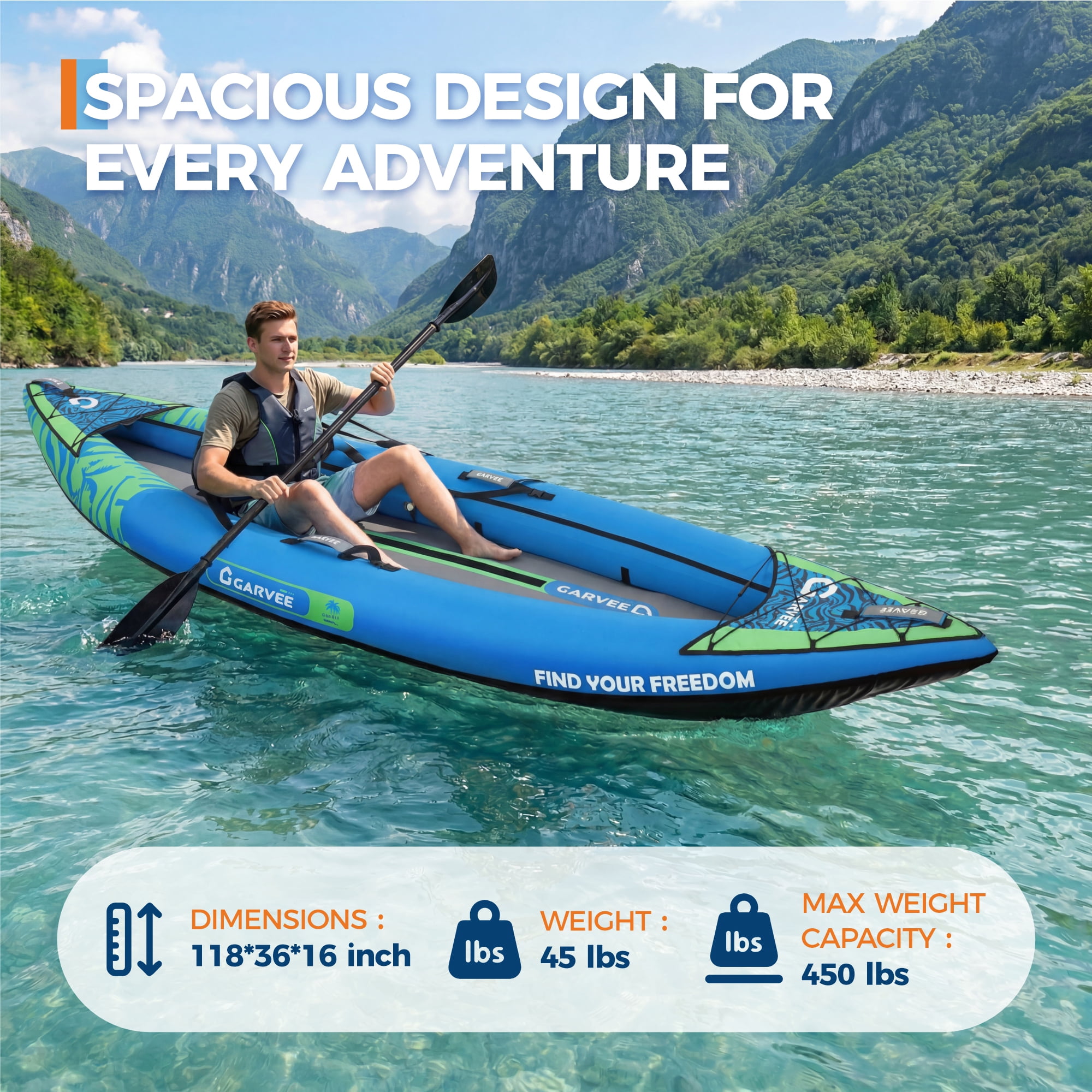 Garvee Inflatable Kayak Set for 1 Person, 118 x 36 x 16", Blue