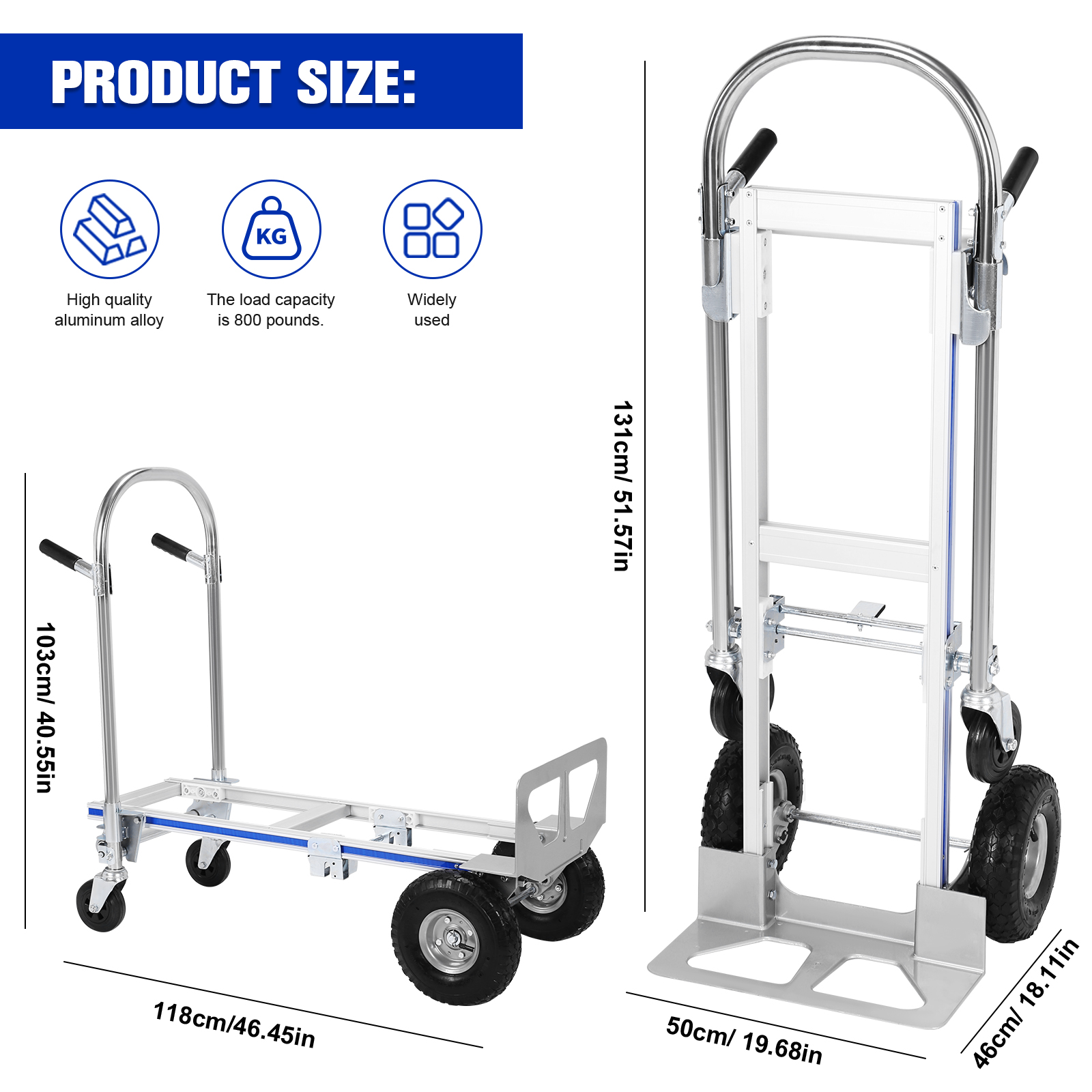 Btidfty 2-in-1 Folding Hand Truck Dolly Cart with Wheels 800LBS Convertible Hand Truck Folding Trolley for Logistics Shopping Home Office Moving