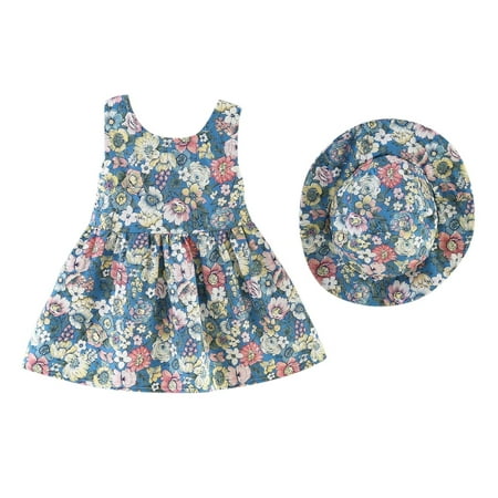

Girls Fashion Dresses Baby Girls Floral Hat Bowknot Set Princess 6M-3Y Sleeveless Dress Suspenders Printed Girls Dresses