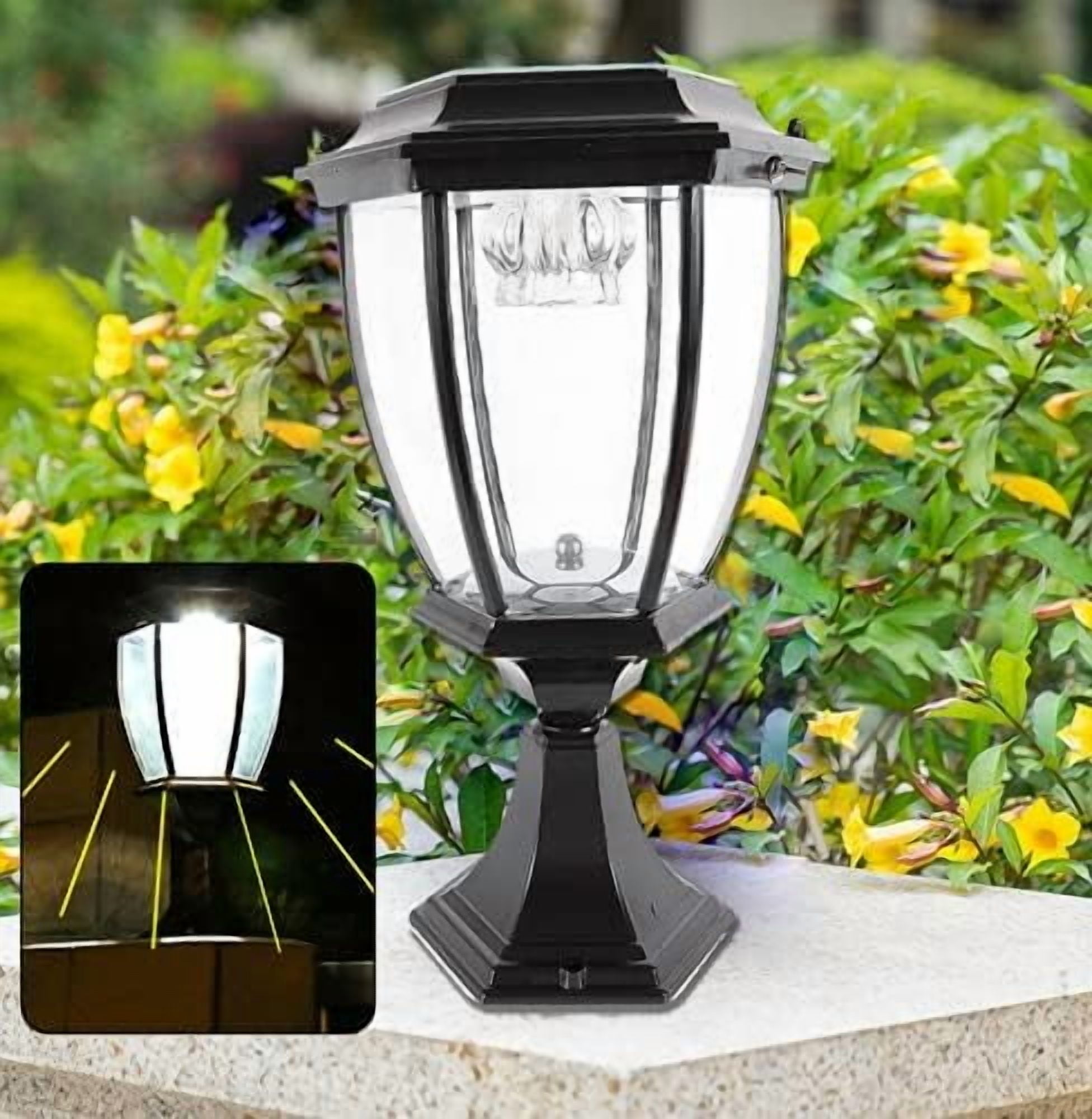 Outdoor Post Solar Light 15.7" H Post Light Fixture Large Exterior Lamp Column Solar Light Lantern with Base Glass Lampshade IP55 Waterproof Pillar Light for Outside(Black)