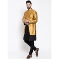 thumbnail image 4 of eloria Men's Indian Traditional Black & Gold Silk Blend Kurta with Churidar Pyjama and jacket Set, 4 of 7