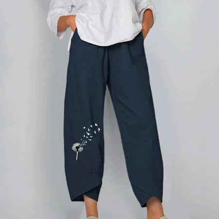 

Womens Cotton Linen Capri Pants Summer Elastic Waisted Casual Pants Wide Leg Loose Fit Comfy Pajama Beach Trousers CHMORA(Dark Blue XL)