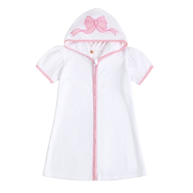 Argulvti Kid Swim Coverups Bow/Elephant Embroidery Short Sleeve Hooded Robe Zip-Up Towel Beachwear