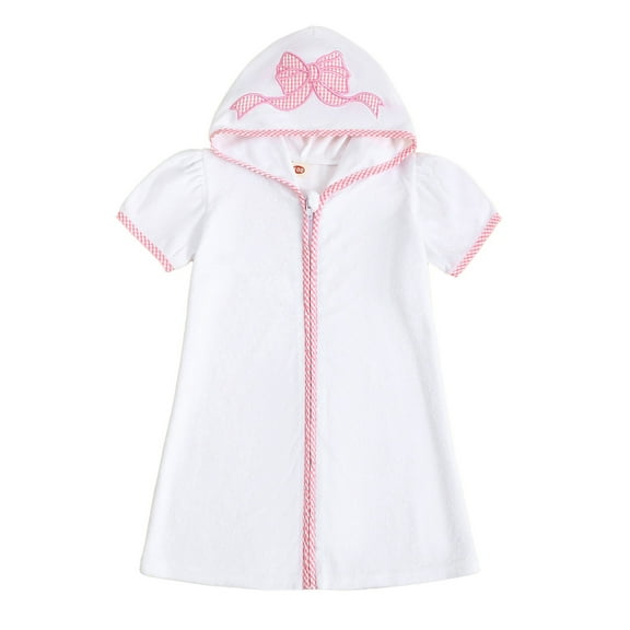 FeMereina Kid Swim Coverups Bow/Elephant Embroidery Short Sleeve Hooded Robe