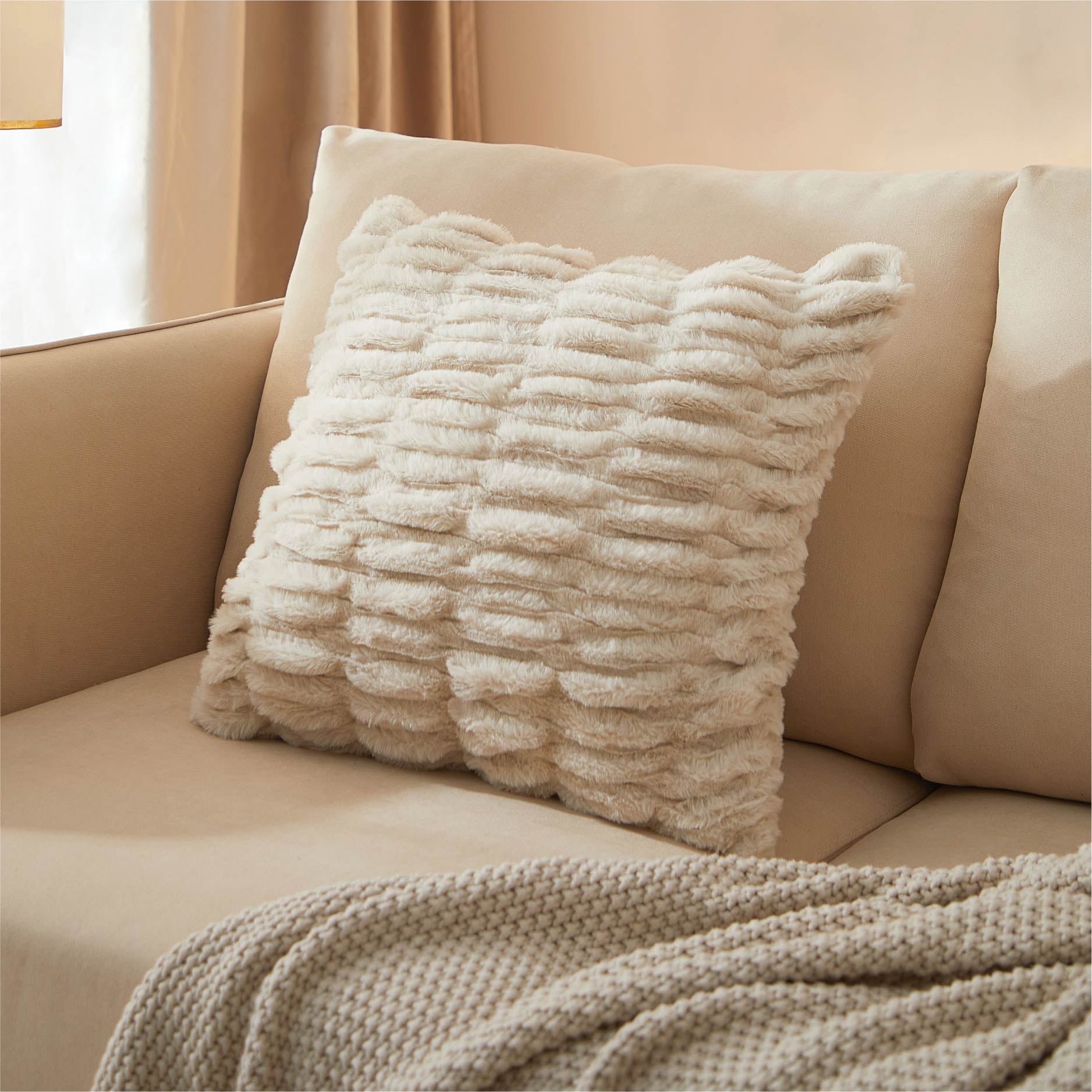 Mainstays 18" x 18" Papyrus Beige Ruched Fur Decorative Throw Pillow