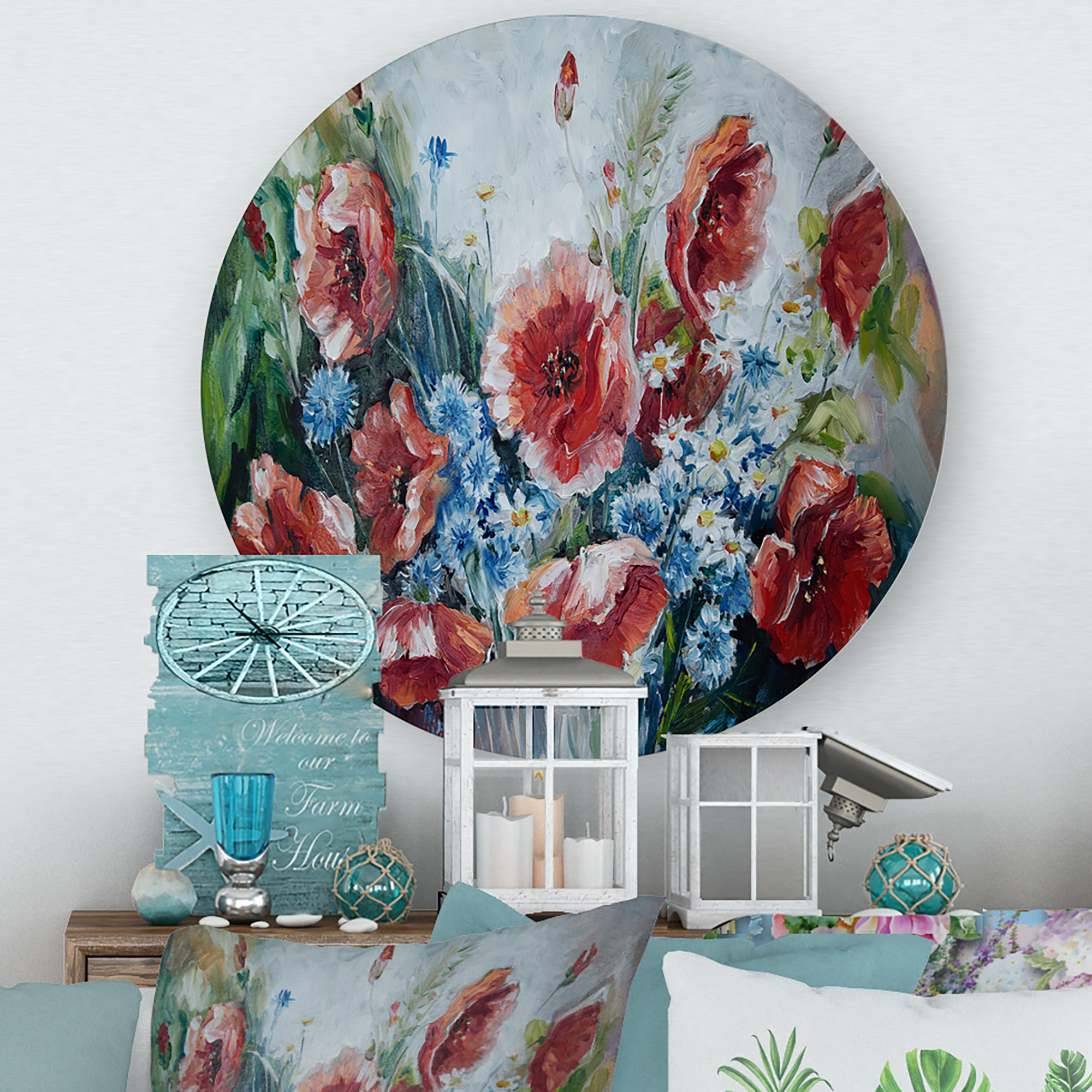 Designart 'Bouquet of Poppies Retro Style' Traditional Circle Metal Wall Art 23x23 - Disc of 23