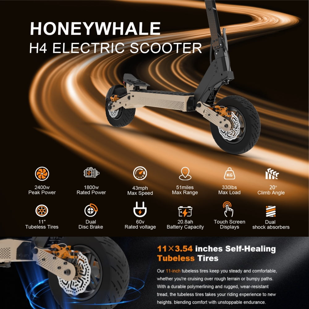 HONEYWHALE H4 Electric Scooter - 43 MPH Top Speed, 51 Miles Range, 2400W Motor, 11" Off-Road Tubeless Tires, Dual Suspension, Double Braking Systems, Foldable Sport E-Scooter for Adult
