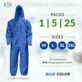 thumbnail image 2 of Disposable Coveralls for Men and Women, XX-Large. Pack of 25 Blue Hazmat Suit Costume. Water-Resistant SMS Polypropylene Painters Suit with Hood, Elastic Cuffs and Ankles, Front Zipper, 2 of 9